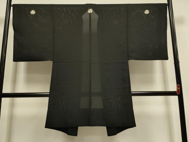 平和屋着物▽男性 黒紋付 長羽織 スリーシーズン 春夏秋 塵除け 絽 正絹 逸品 DABI4267du