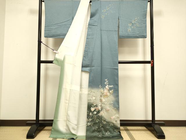 平和屋着物●中国三大刺繍 スワトウ刺繍 汕頭刺繍 訪問着 冊子花文 暈し染め 金彩 ロング丈 正絹 逸品 DABI4344du
