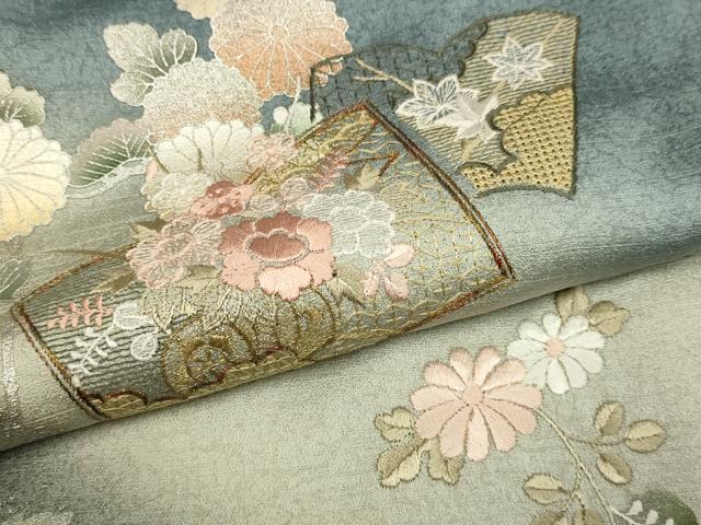 平和屋着物●中国三大刺繍 スワトウ刺繍 汕頭刺繍 訪問着 冊子花文 暈し染め 金彩 ロング丈 正絹 逸品 DABI4344du