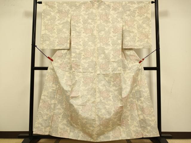 平和屋着物▽上質な紬 単衣 牡丹文 正絹 逸品 DABI4381du