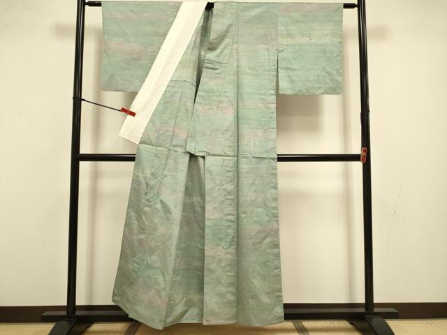 平和屋着物▽絲藝苑 上島洋山 紬 単衣 海藻染 霞文 正絹 逸品 DABI4384du