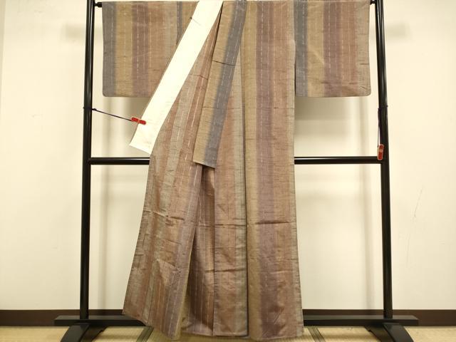 平和屋着物▽上質な紬 単衣 花織 縞 正絹 逸品 DABI4391du