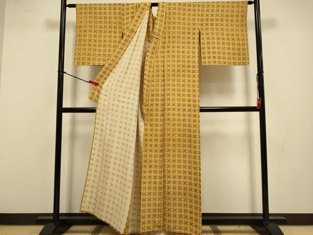 平和屋着物▽上質な小紋 単衣 型染 格子花文 正絹 逸品 DABI4405du