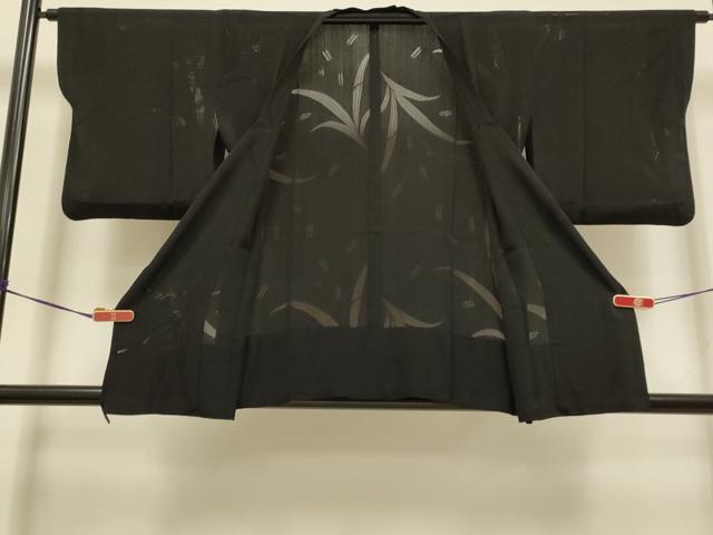 平和屋着物▽道行コート スリーシーズン 春夏秋 塵除け 草葉文 黒地 正絹 逸品 DABI4418du