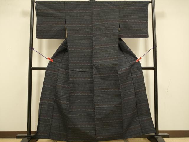 平和屋着物▽結城紬 単衣 横段吉祥文 正絹 逸品 DABI4427du