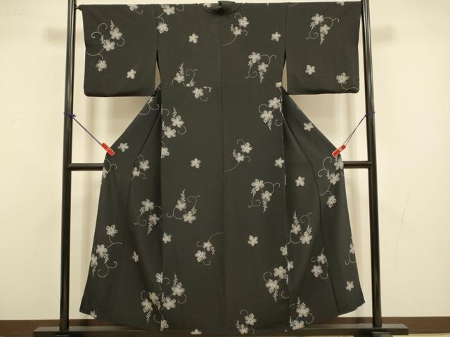 平和屋着物▽上質な小紋 単衣 葡萄蔦の葉文 黒地 正絹 逸品 DABI4432du