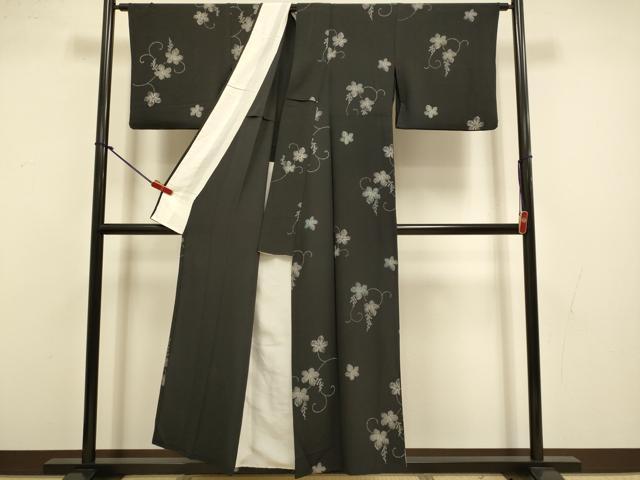 平和屋着物▽上質な小紋 単衣 葡萄蔦の葉文 黒地 正絹 逸品 DABI4432du