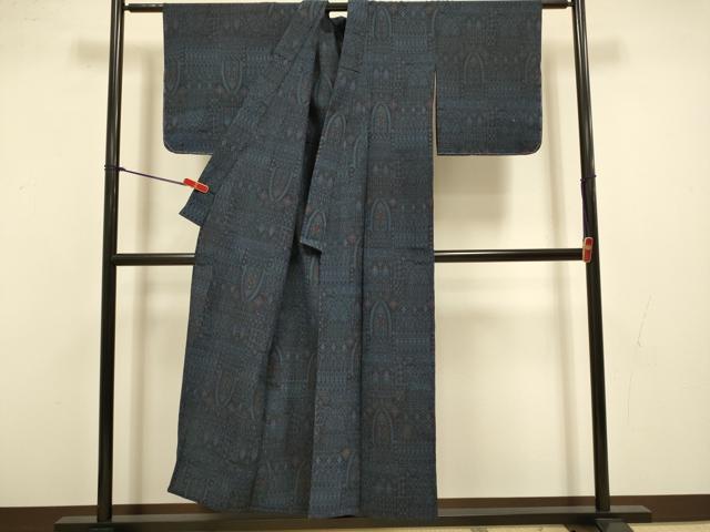 平和屋着物▽本塩沢 単衣 幾何学文様 正絹 逸品 DABI4439du