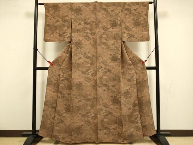 平和屋着物▽上質な小紋 単衣 人物風景文 鬼しぼ縮緬 正絹 逸品 DABI4445du