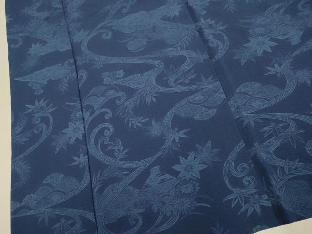 平和屋着物▽上質な小紋 単衣 藍 型染 流水風景文 正絹 逸品 DABI4464du