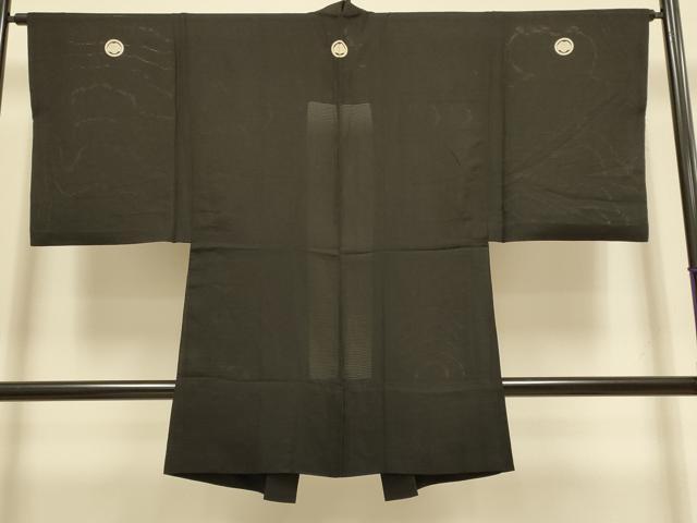 平和屋着物▽男性 黒紋付 長羽織 スリーシーズン 春夏秋 塵除け 絽 正絹 逸品 DABI4475du