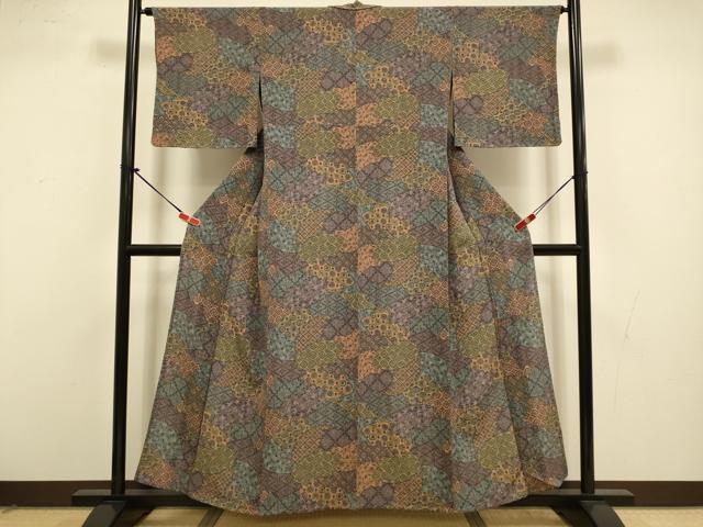 平和屋着物▽上質な小紋 単衣 地紙重ね花文 鬼しぼ縮緬 正絹 逸品 未使用 DABI4502du