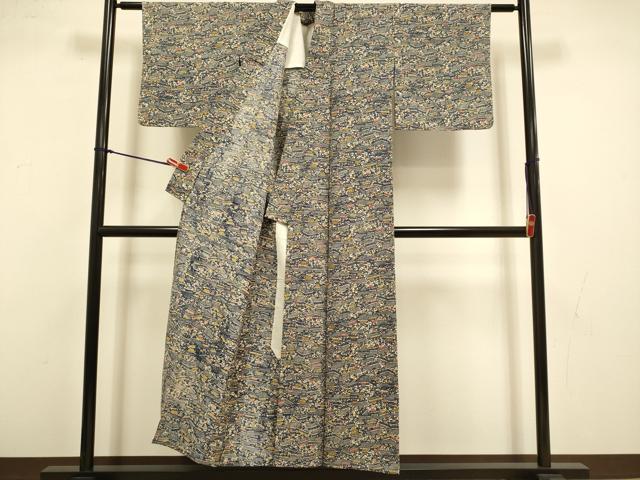 平和屋着物▽上質な小紋 単衣 型染 風景文 正絹 逸品 DABI4504du