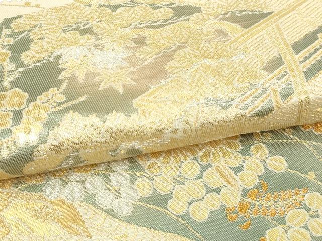 平和屋本店▼六通柄袋帯 蒔絵調桧扇紋 純金箔 手織二重箔 正絹 逸品 DABI4533sf