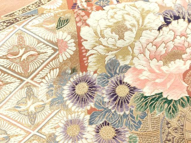 平和屋本店▼六通柄袋帯 唐織 屏風花鳥文 24k純金箔 正絹 逸品 DABI4543sf