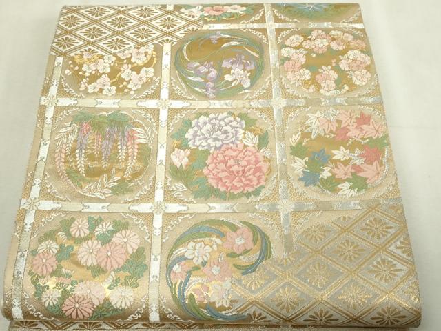 平和屋本店▼西陣 服部織物謹製 六通柄袋帯 唐織 花丸天井格子紋 本金箔 正絹 逸品 DABI4561sf