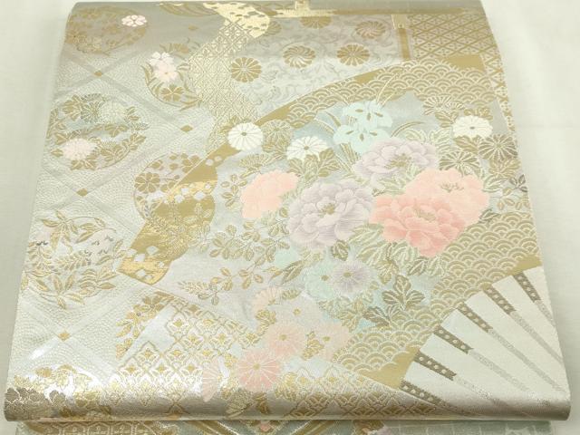 平和屋本店▼六通柄袋帯 扇面草花文 純金二重箔 正絹 逸品 DABI4575sf