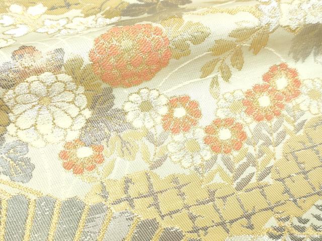平和屋本店▼六通柄袋帯 扇面草花文 純金二重引箔陵 正絹 逸品 DABI4576sf