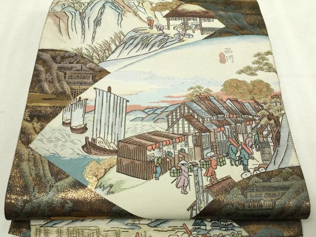 平和屋本店▼六通柄袋帯 九百錦 扇面東海道 24K純金箔 正絹 逸品 DABI4606sf