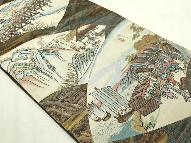 平和屋本店▼六通柄袋帯 九百錦 扇面東海道 24K純金箔 正絹 逸品 DABI4606sf