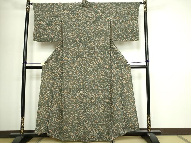 平和屋着物▽上質な小紋 単衣 草葉文 鬼しぼ縮緬 正絹 逸品 DABI4623sf