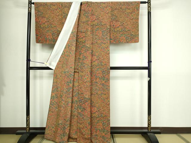 平和屋着物▽上質な小紋 単衣 更紗花文 正絹 逸品 DABI4636sf