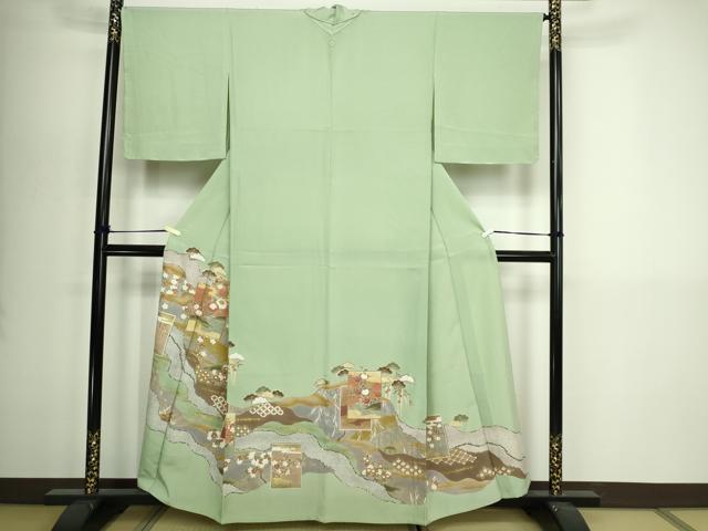 平和屋着物▽豪華色留袖 単衣 駒刺繍 風景草花文 松竹梅 金彩 正絹 逸品 未使用 DABI4662sf