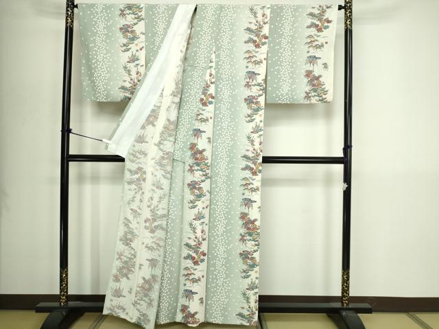 平和屋着物▽上質な小紋 単衣 風景草花文 暈し染め 正絹 逸品 DABI4665sf