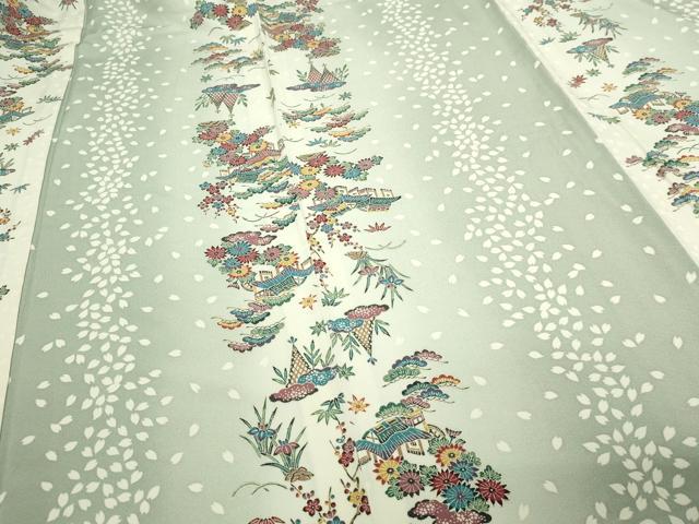 平和屋着物▽上質な小紋 単衣 風景草花文 暈し染め 正絹 逸品 DABI4665sf