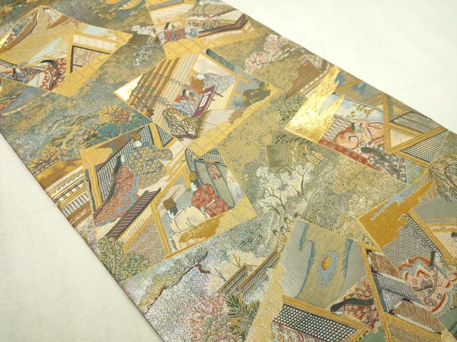 平和屋着物▼西陣 あさぎ 丸帯 平安稚祭札図 本金プラチナ箔 正絹 逸品 DABI4671sf