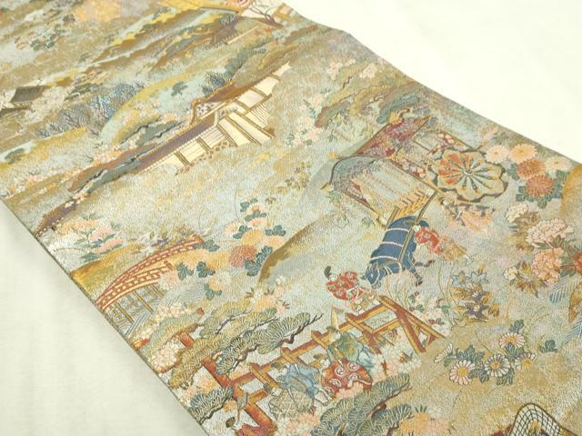 平和屋着物▼西陣 あさぎ 丸帯 平安稚祭札図 本金プラチナ箔 正絹 逸品 DABI4671sf