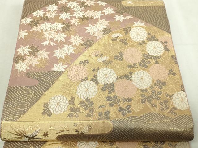 平和屋本店▼六通柄袋帯 山取四季花紋 純金箔 正絹 逸品 DABI4674sf
