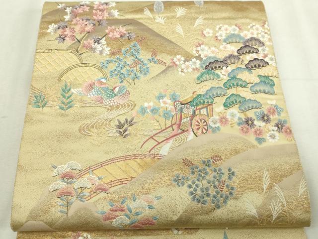 平和屋本店▼六通柄袋帯 九百錦 御所車花鳥文 純金箔 正絹 逸品 DABI4681sf