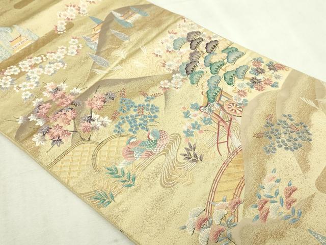 平和屋本店▼六通柄袋帯 九百錦 御所車花鳥文 純金箔 正絹 逸品 DABI4681sf