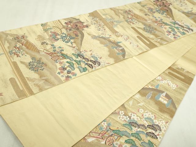 平和屋本店▼六通柄袋帯 九百錦 御所車花鳥文 純金箔 正絹 逸品 DABI4681sf