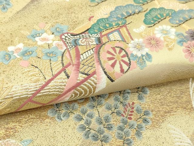 平和屋本店▼六通柄袋帯 九百錦 御所車花鳥文 純金箔 正絹 逸品 DABI4681sf
