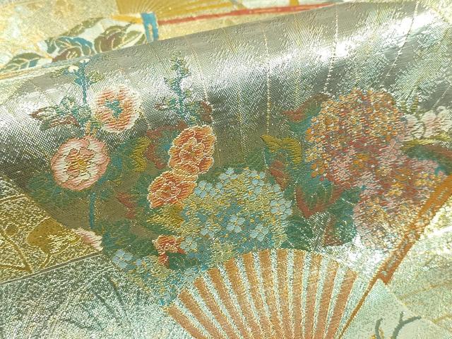 平和屋本店▼西陣あさぎ 両面 全通全景柄袋帯 琳派三十六華扇 24金プラチナ二重 正絹 逸品DABI4692sf