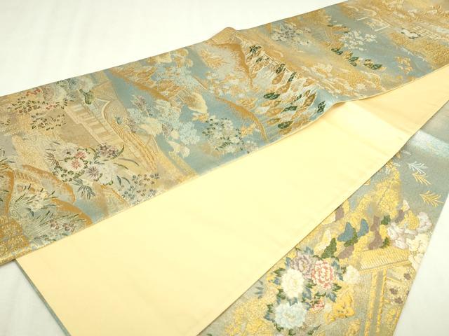 平和屋本店▼六通柄袋帯 世界文化遺産指定 三連作 風花草花文 本金箔 正絹 逸品 DABI4704sf