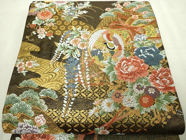平和屋本店▼六通柄袋帯 唐織 壺仟貮佰 黒地 本金箔二重 正絹 逸品 DABI4716sf