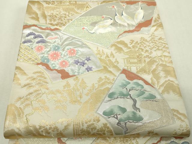 平和屋本店▼六通柄袋帯 唐織 扇面取鶴草花文 純金箔24K 正絹 逸品 DABI4735sf