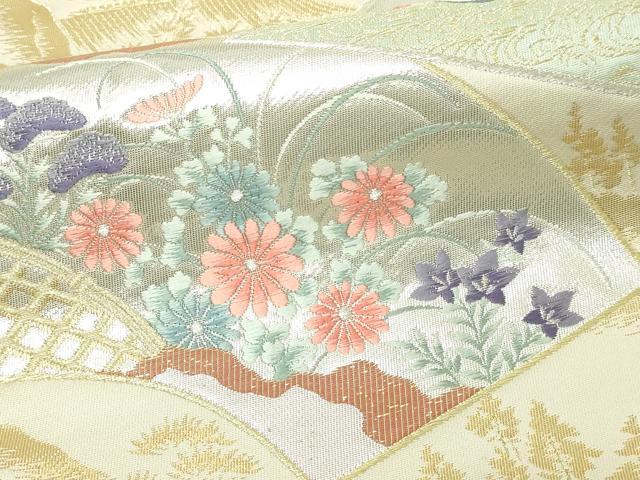 平和屋本店▼六通柄袋帯 唐織 扇面取鶴草花文 純金箔24K 正絹 逸品 DABI4735sf