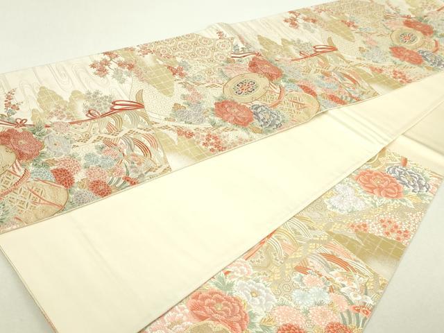 平和屋本店▼六通柄袋帯 唐織 几帳花鼓文 九百本金箔 正絹 逸品 DABI4741sf