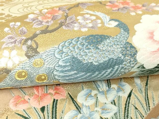 平和屋本店▼六通柄袋帯 唐織 琳派扇面孔雀文 九百本金箔 正絹 逸品 DABI4742sf