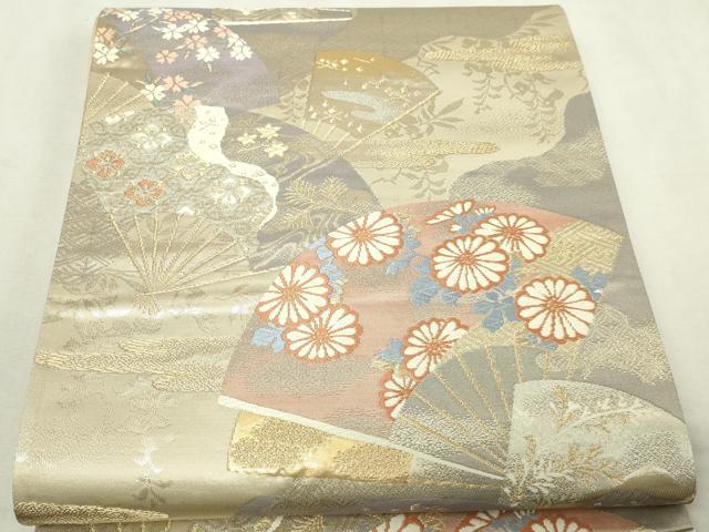 平和屋本店▼六通柄袋帯 扇面花文 純銀 純金箔 正絹 逸品 DABI4751sf