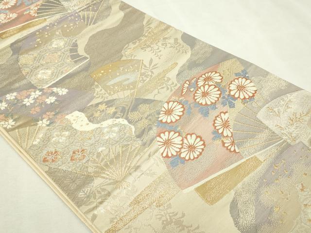 平和屋本店▼六通柄袋帯 扇面花文 純銀 純金箔 正絹 逸品 DABI4751sf