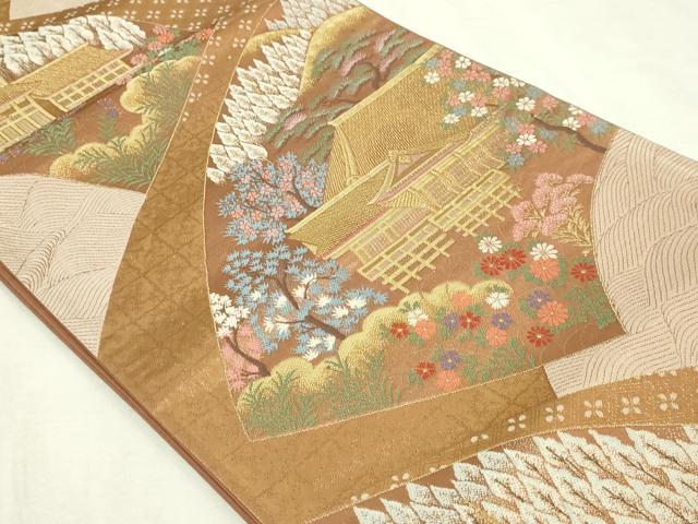 平和屋本店▼六通柄袋帯 ふたみ 風景草花文 本金箔 正絹 逸品 DABI4755sf