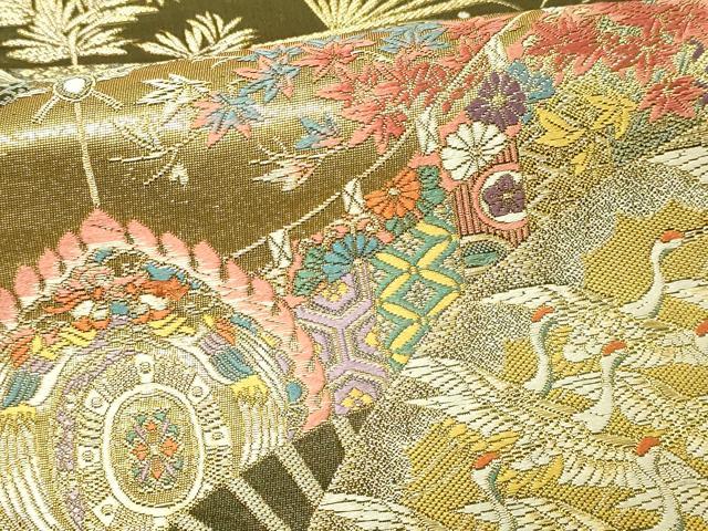 平和屋本店▼六通柄袋帯 琳派瑞祥錦 扇面飛鶴文 本金箔つづれ 正絹 逸品 DABI4770sf