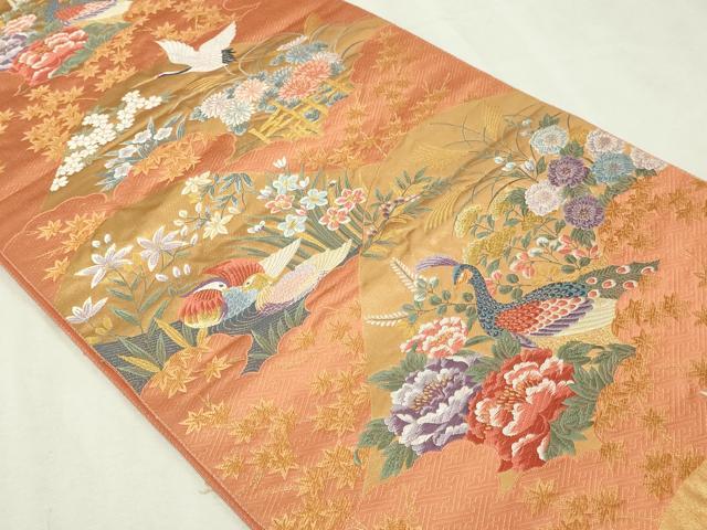 平和屋本店▼六通柄袋帯 唐織 遠山花鳥 本金箔 正絹 逸品 DABI4772sf