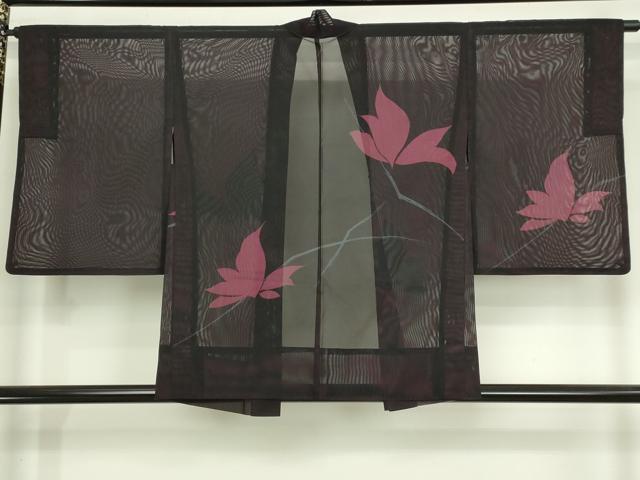 平和屋着物▽羽織 スリーシーズン 春夏秋 塵除け 枝葉文 黒地 正絹 逸品 DABI4773sf