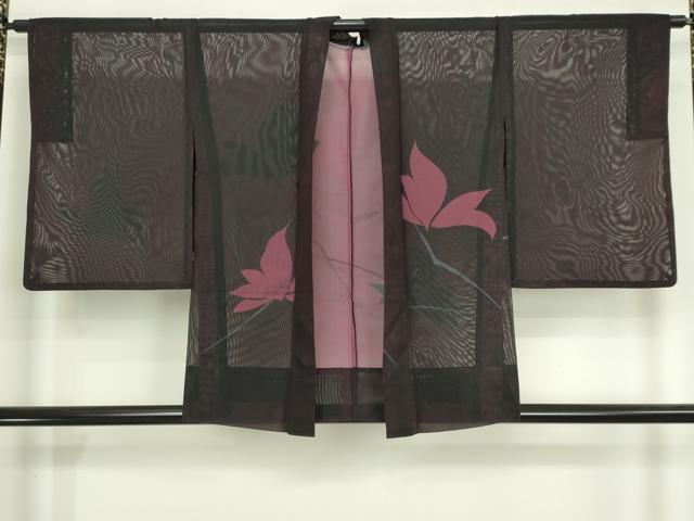 平和屋着物▽羽織 スリーシーズン 春夏秋 塵除け 枝葉文 黒地 正絹 逸品 DABI4773sf
